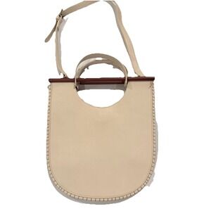 Anthropologie Mila Bag Cream Structured Wooden Handle Vegan Leather New